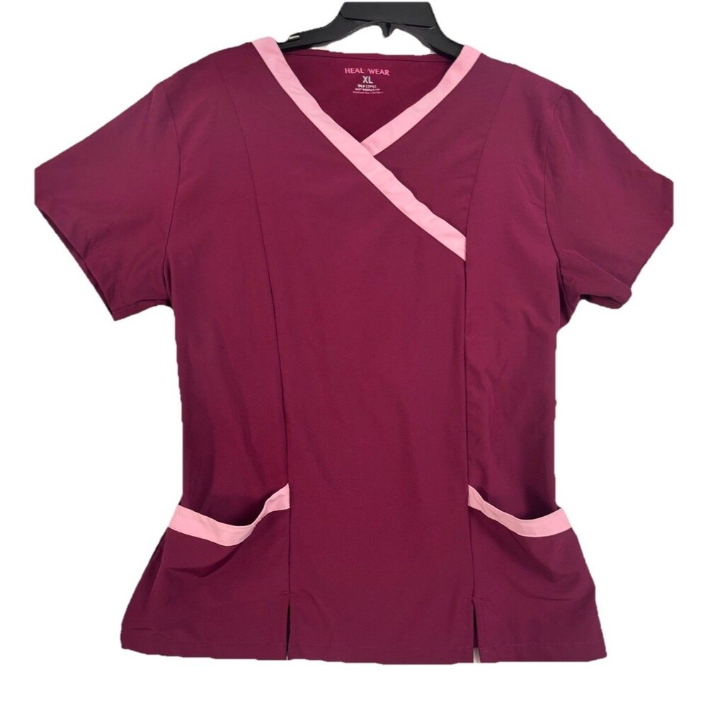 Heal Wear XL Burgundy Pink Trim Scrub Top Stretch Medical Nurse Uniform
